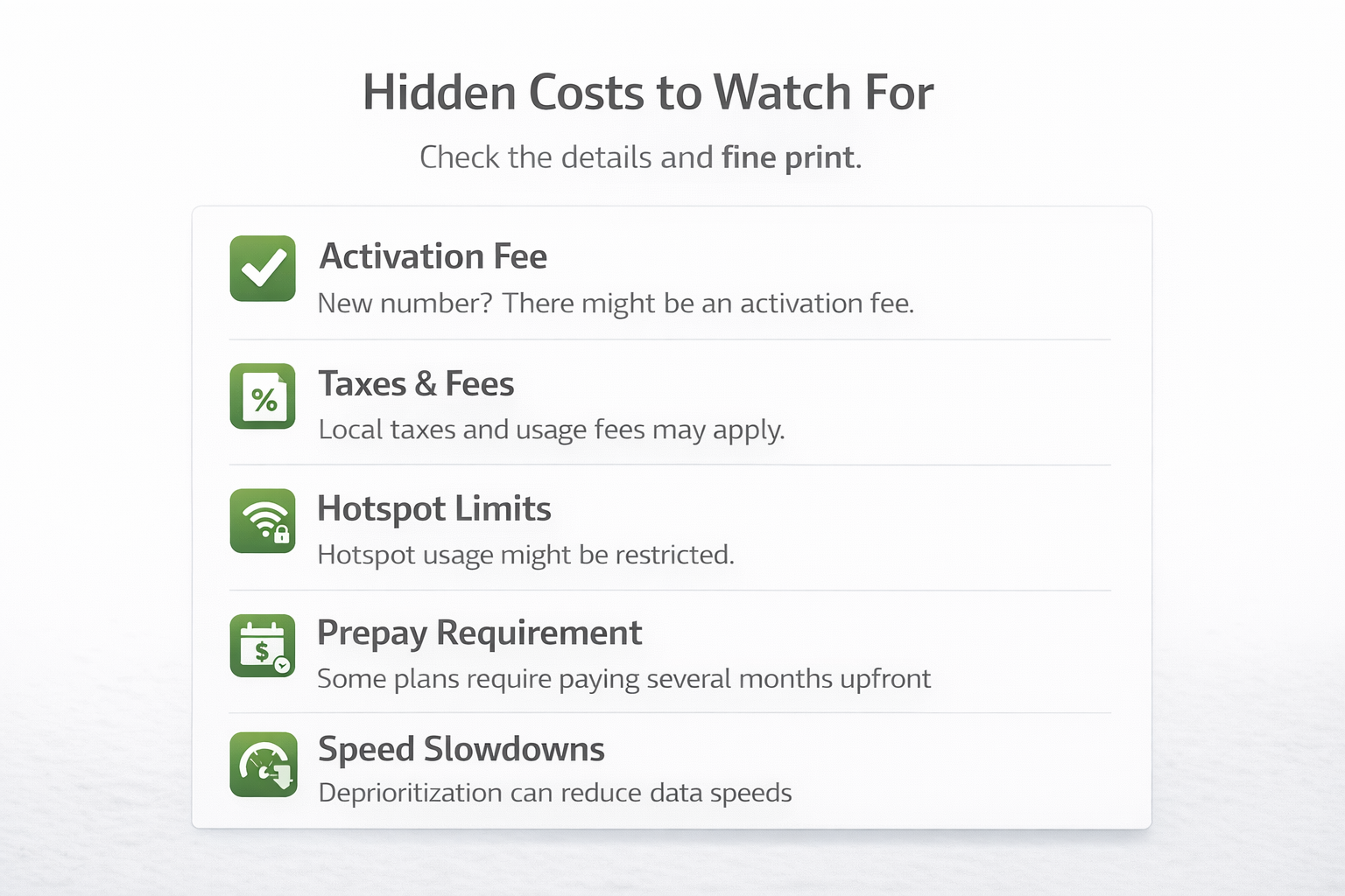 Checklist of hidden costs to watch for when choosing prepaid cell phone plans